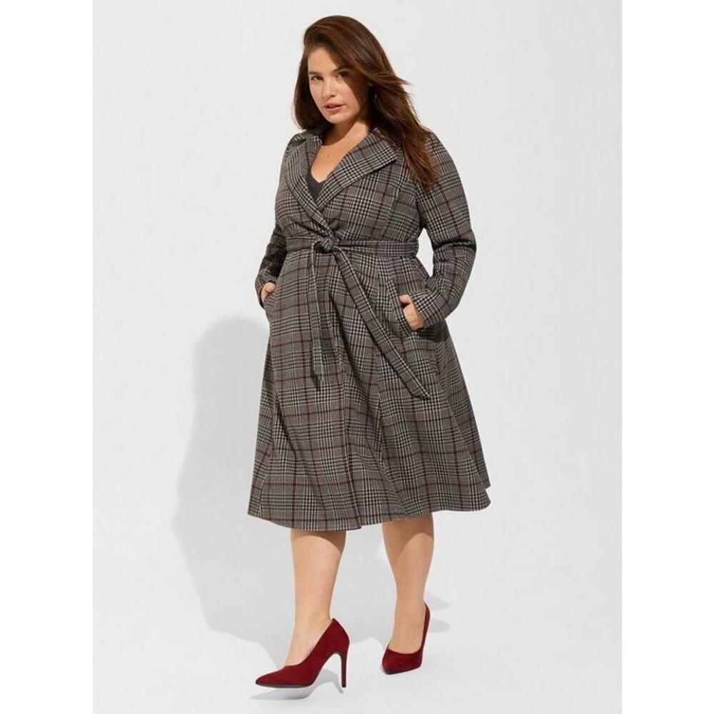 Torrid Softest Coat Waist Tie Front Long Coat Size 4X Small Parker Plaid Relaxed